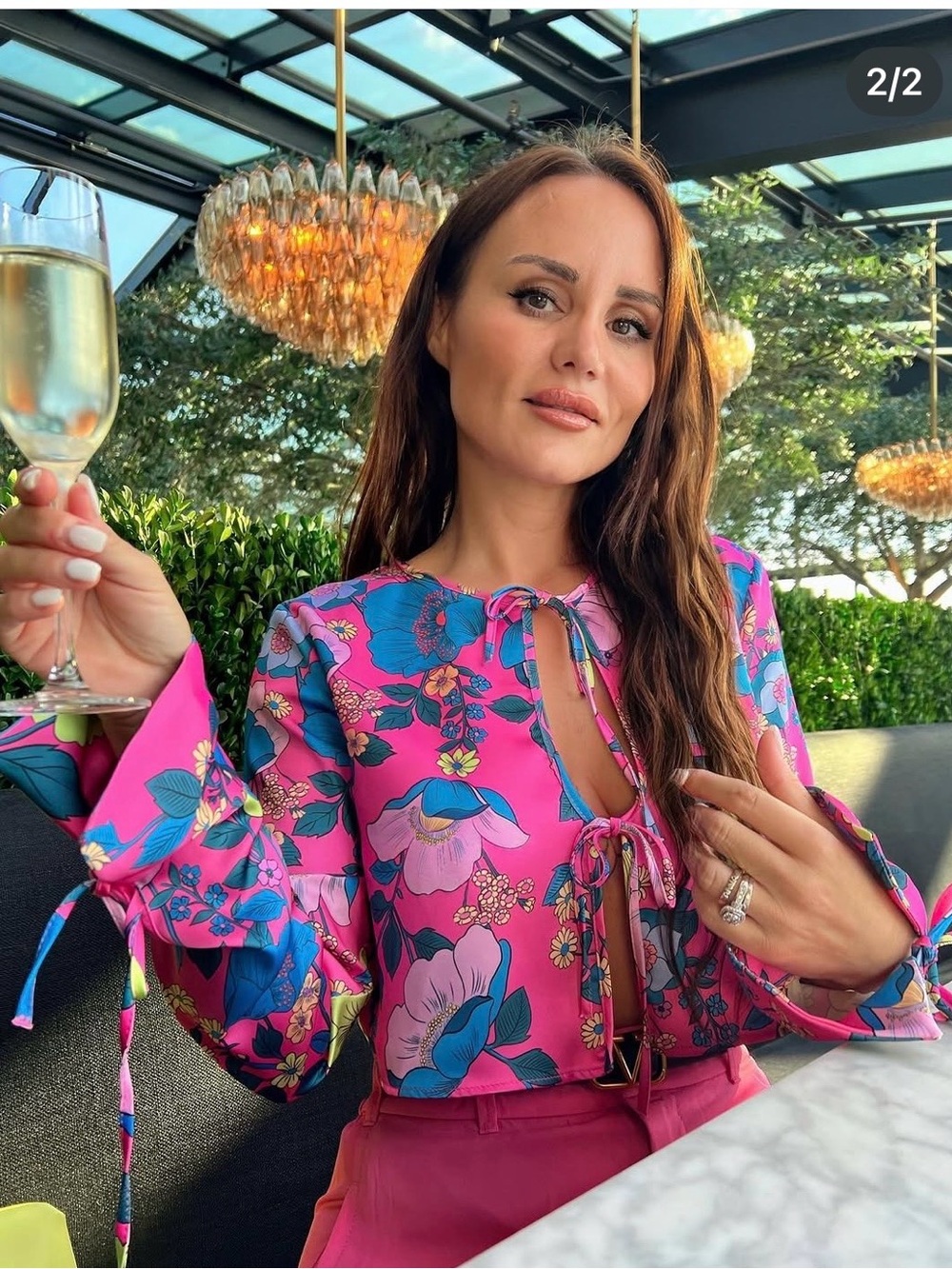 Zara Pink Floral Tie-Front Blouse with Blue & Green Print